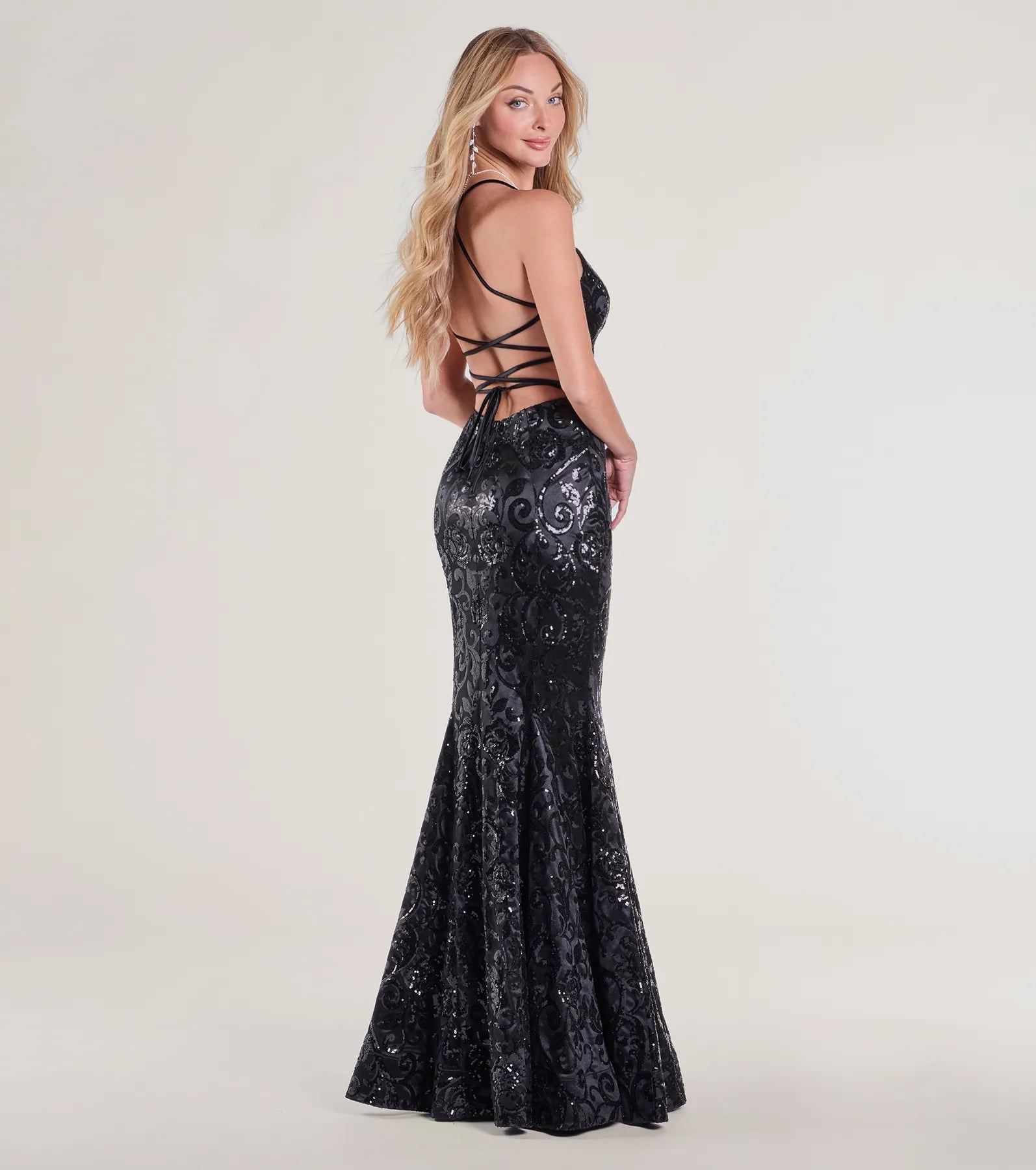 Ultimate Saskia Lace-Up Mermaid Sequin Satin Formal Gown