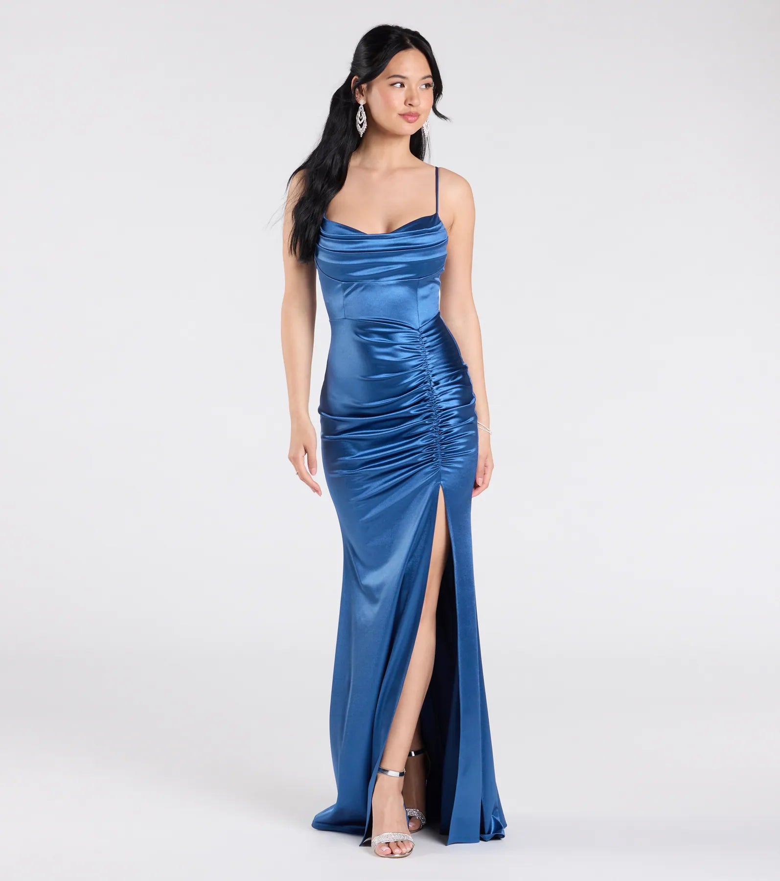 Premium Jazmine Satin Formal Dress with Cowl Neck & High Slit