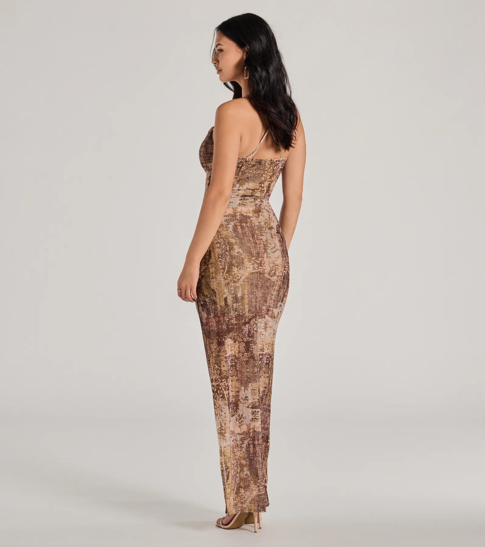 Ultimate Paisley Mesh Maxi Dress with Cowl Neck & High Slit