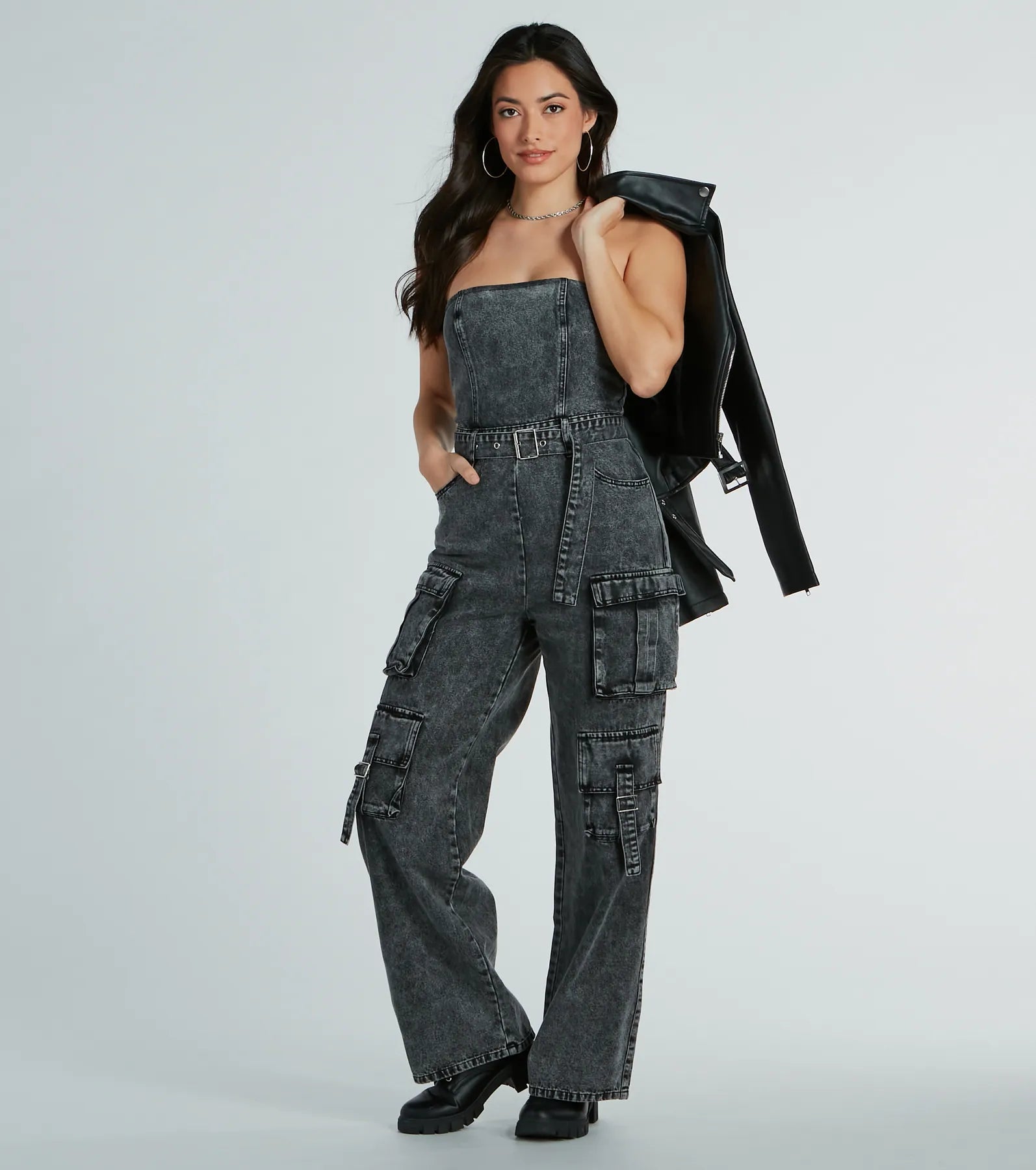 Ultimate Acid-Wash Denim Jumpsuit: Strapless Cargo Wide-Leg Style