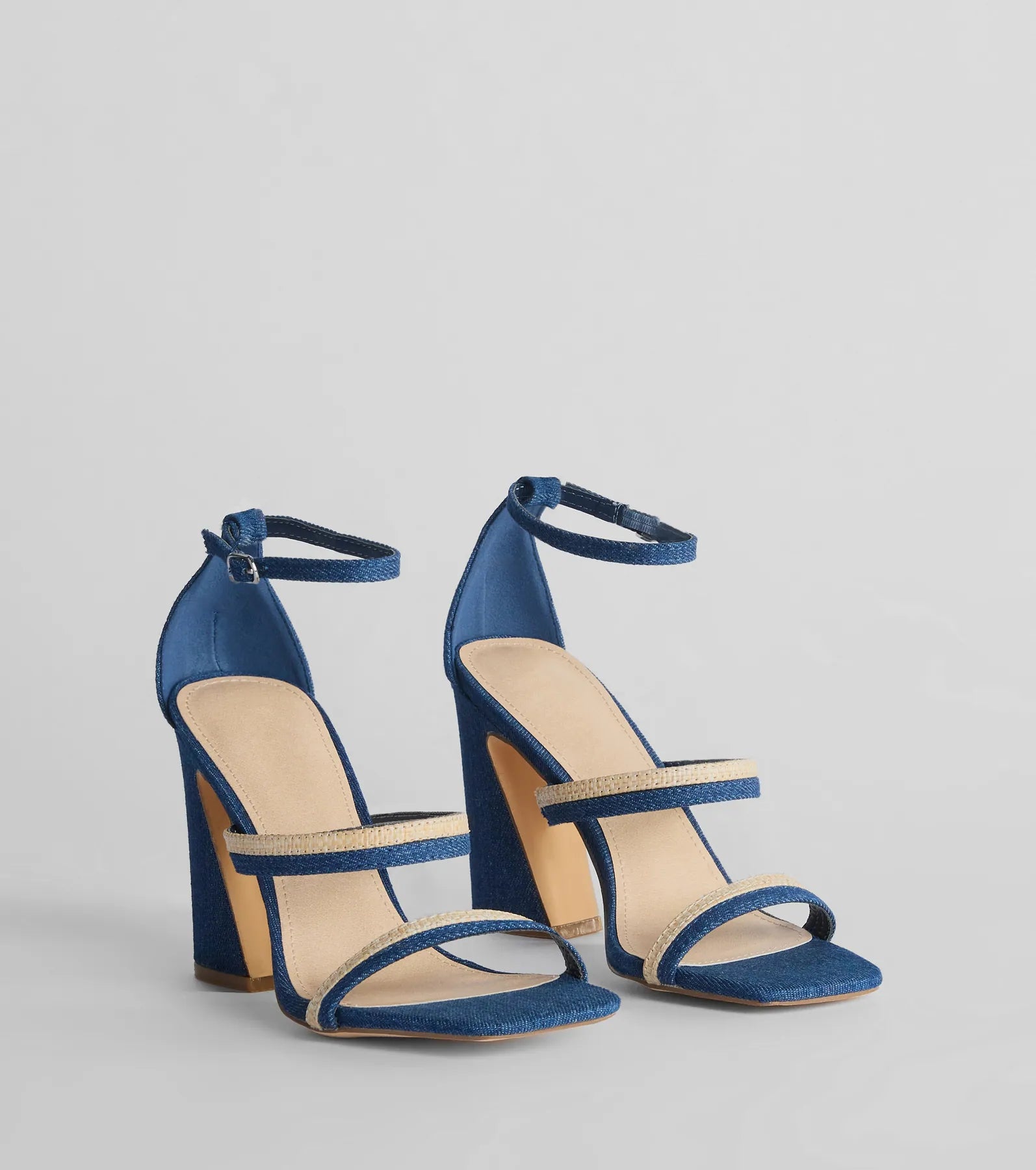 Ultimate Sunshine Check Strappy Straw Denim Block Heels