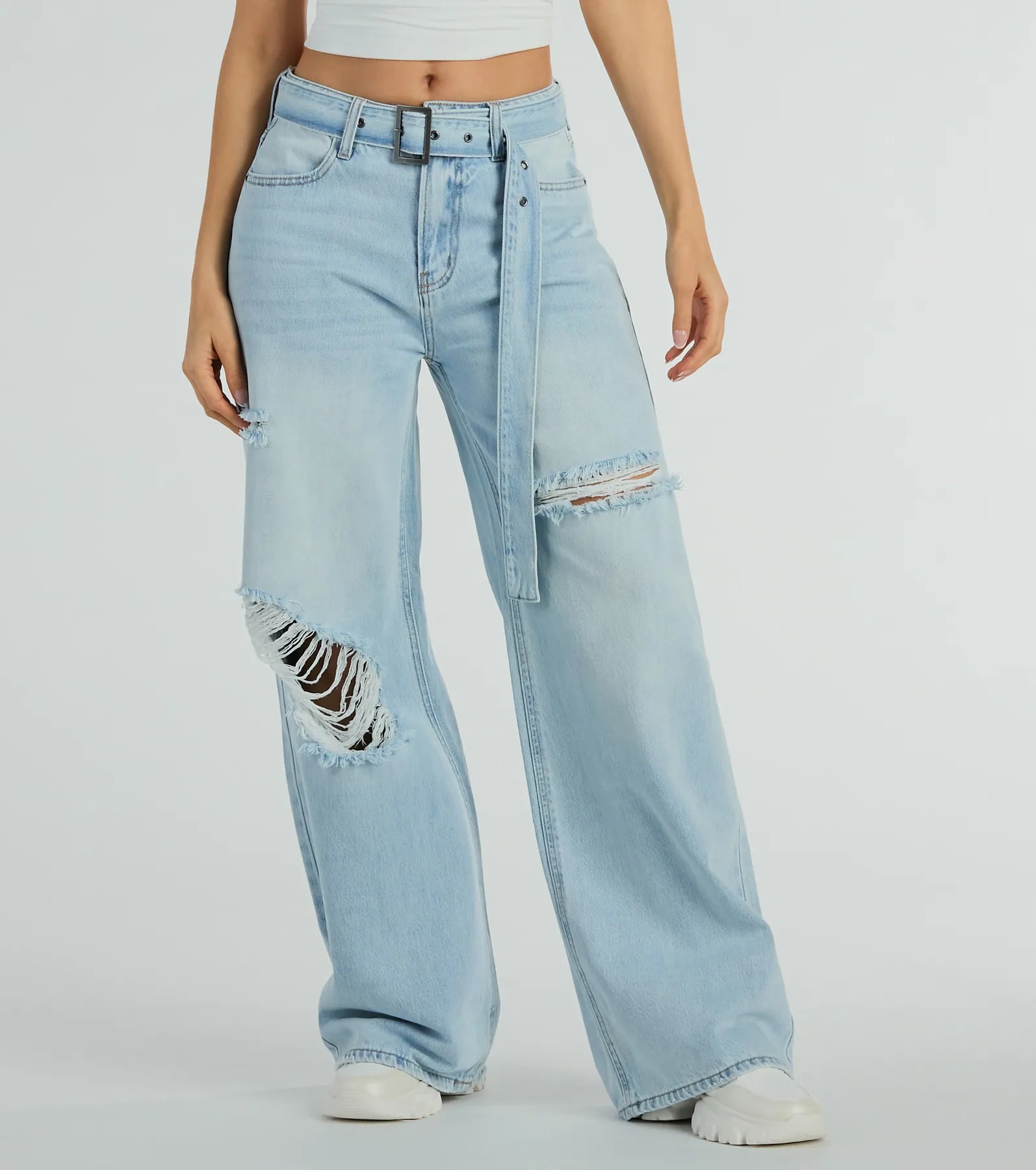 Ultimate Cool Vibes High-Rise Belted Distressed Wide-Leg Jeans