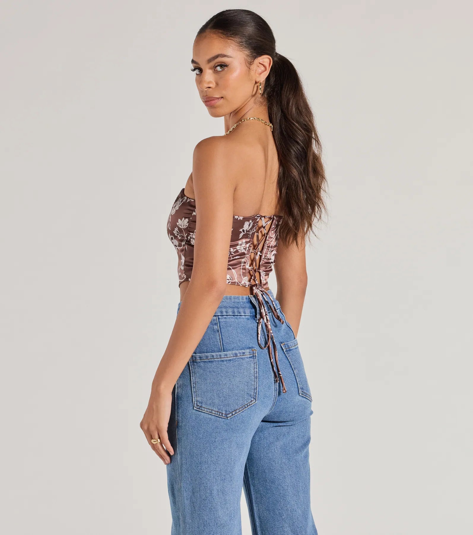 Ultimate Chic Sheen Floral Satin Strapless Corset Top