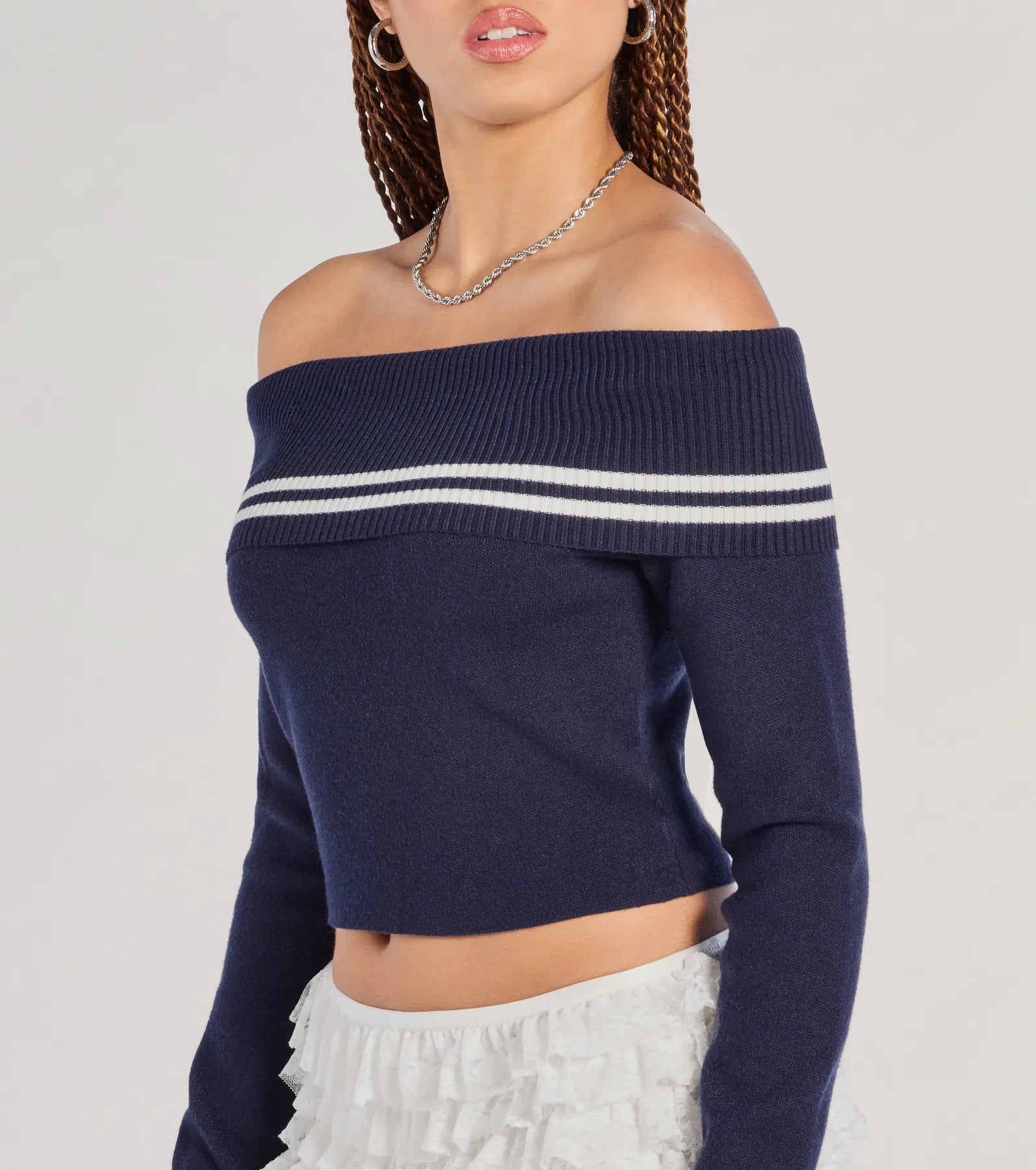 Ultimate Cruising Cutie Off-The-Shoulder Striped Knit Sweater Top