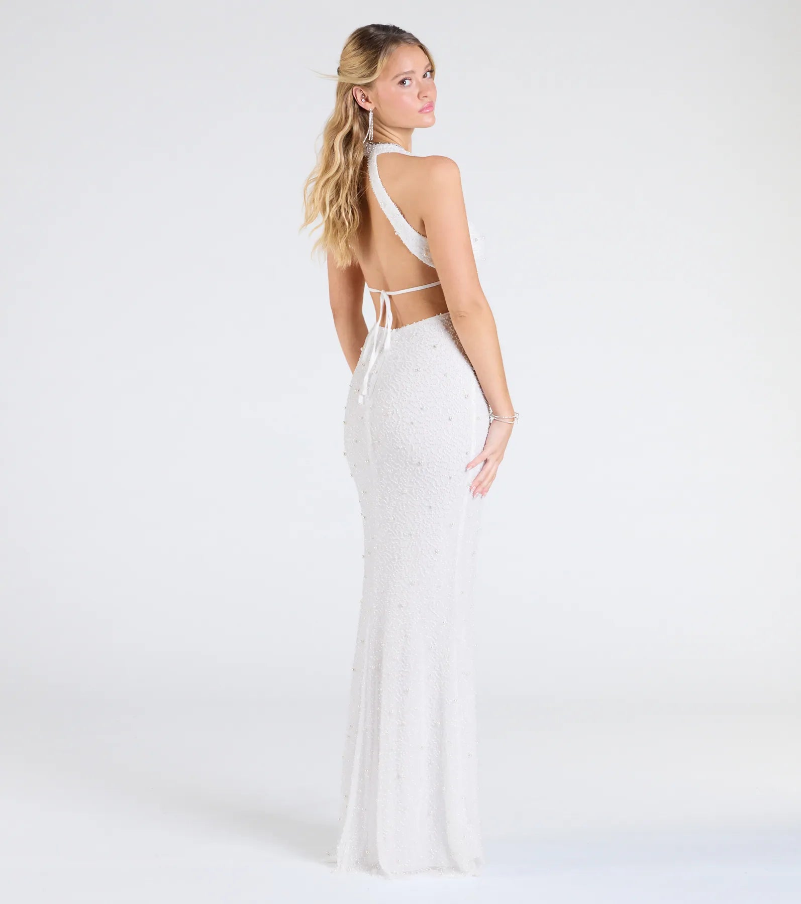 Premium Tyra Halter Open Back Pearl Mermaid Gown - Ultimate Formal Elegance