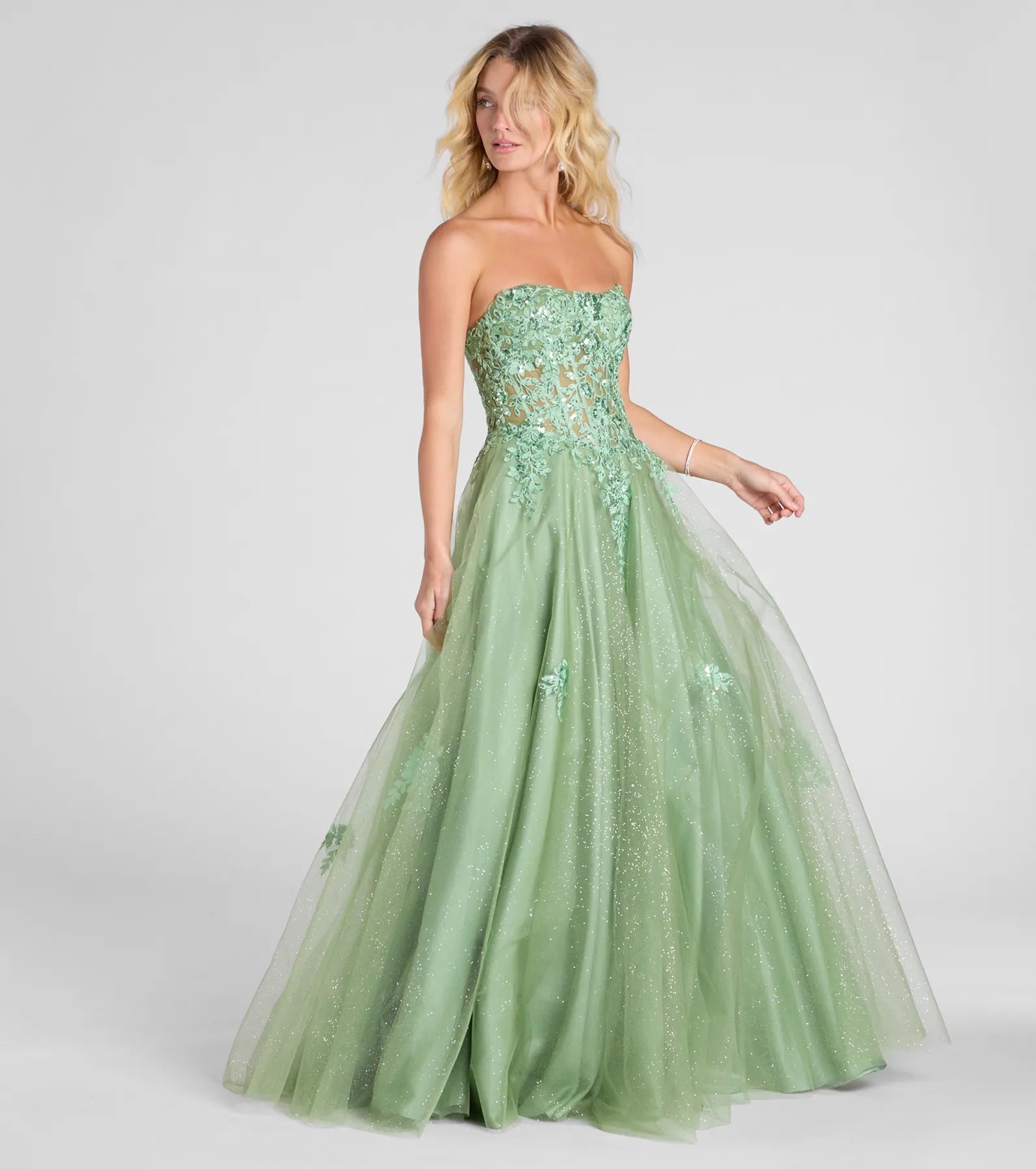 Ultimate Petra Glitter Tulle Gown with Floral Applique