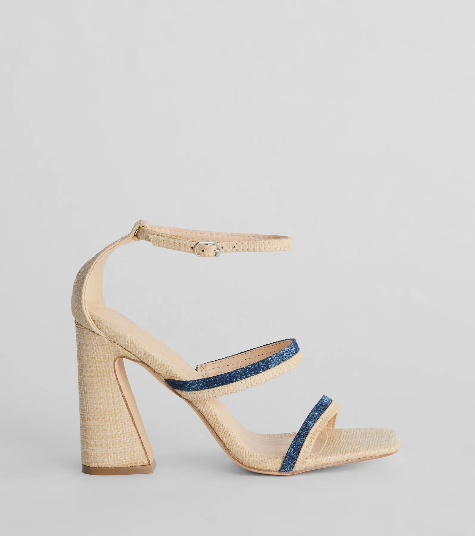 Ultimate Sunshine Check Strappy Straw Denim Block Heels