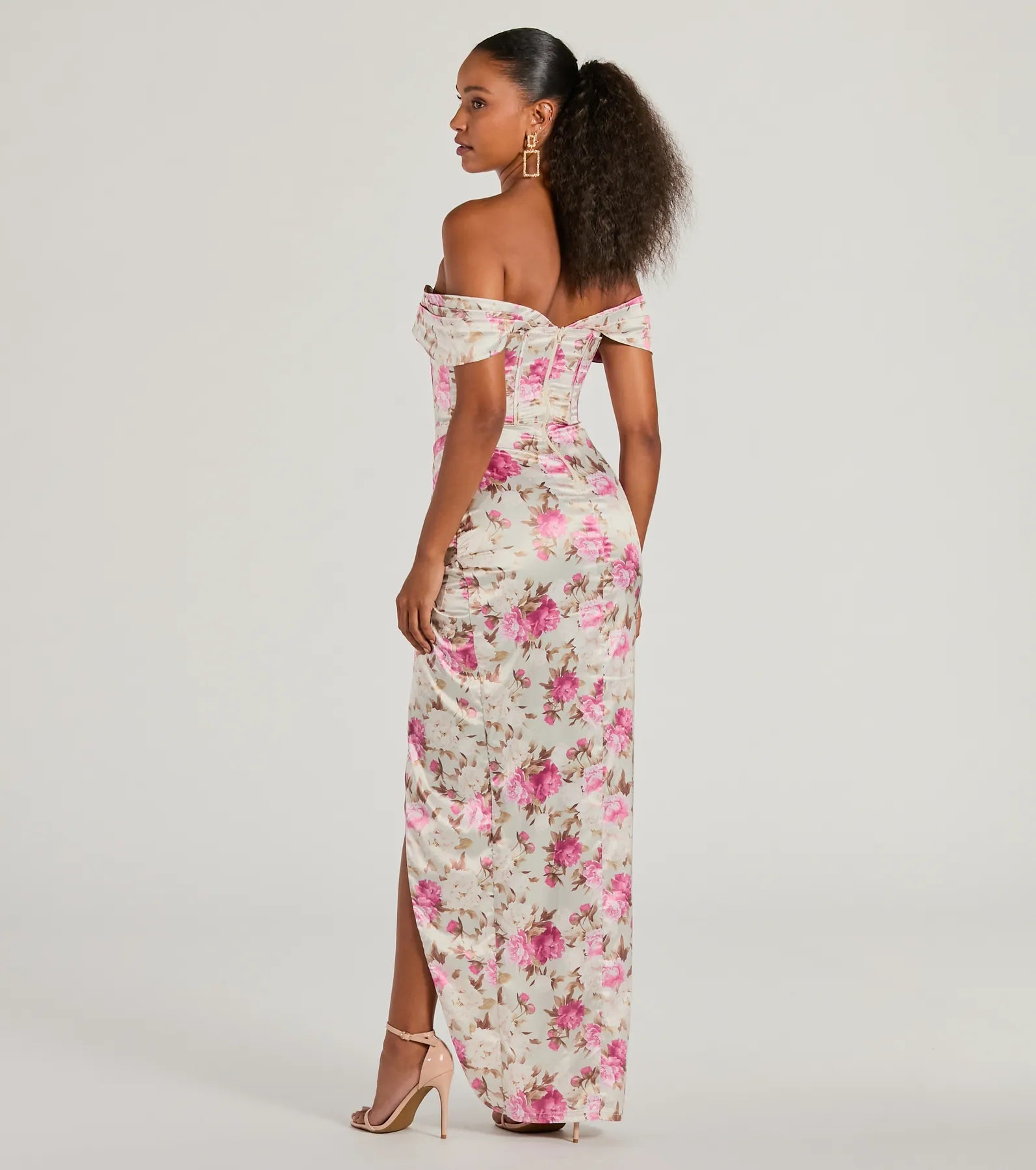 Premium Mildred Floral Satin Evening Dress - Off-The-Shoulder Elegance