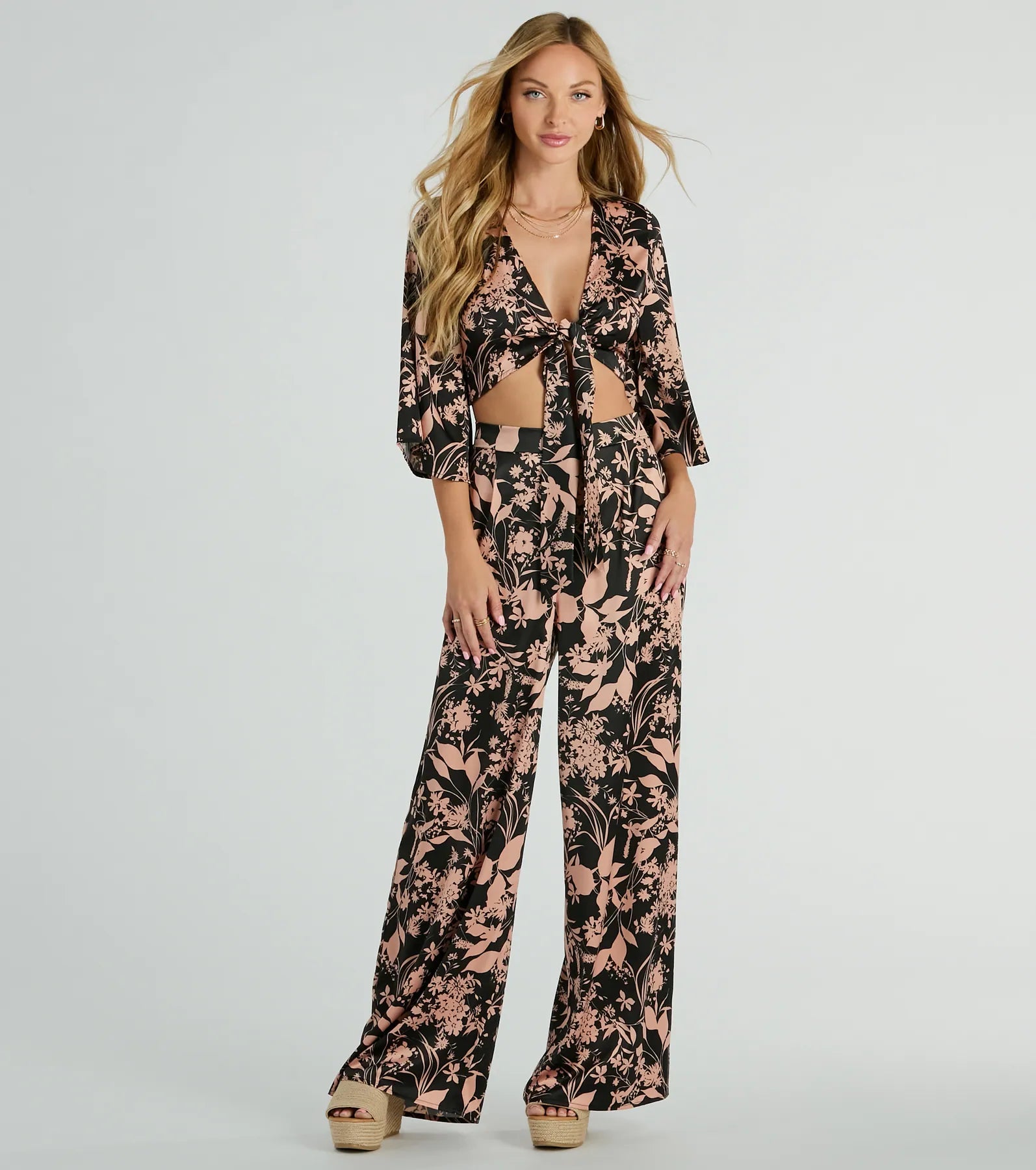 Premium Floral Satin Kimono Crop Top with Tie-Front Detail