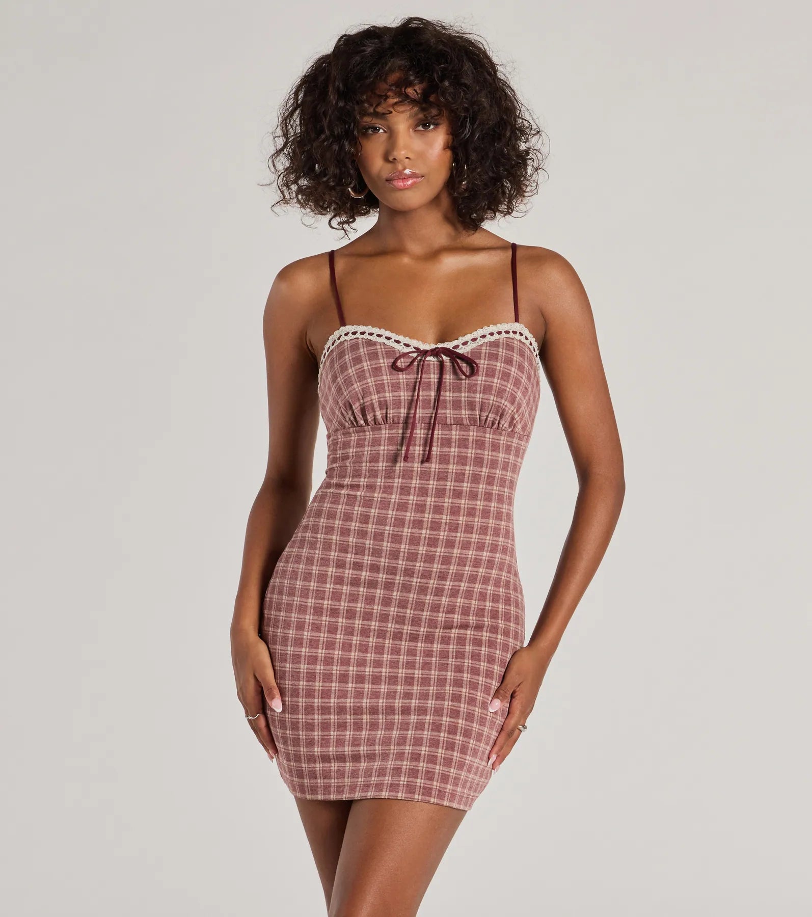 Ultimate Flirty Lace-Trim Plaid Mini Dress