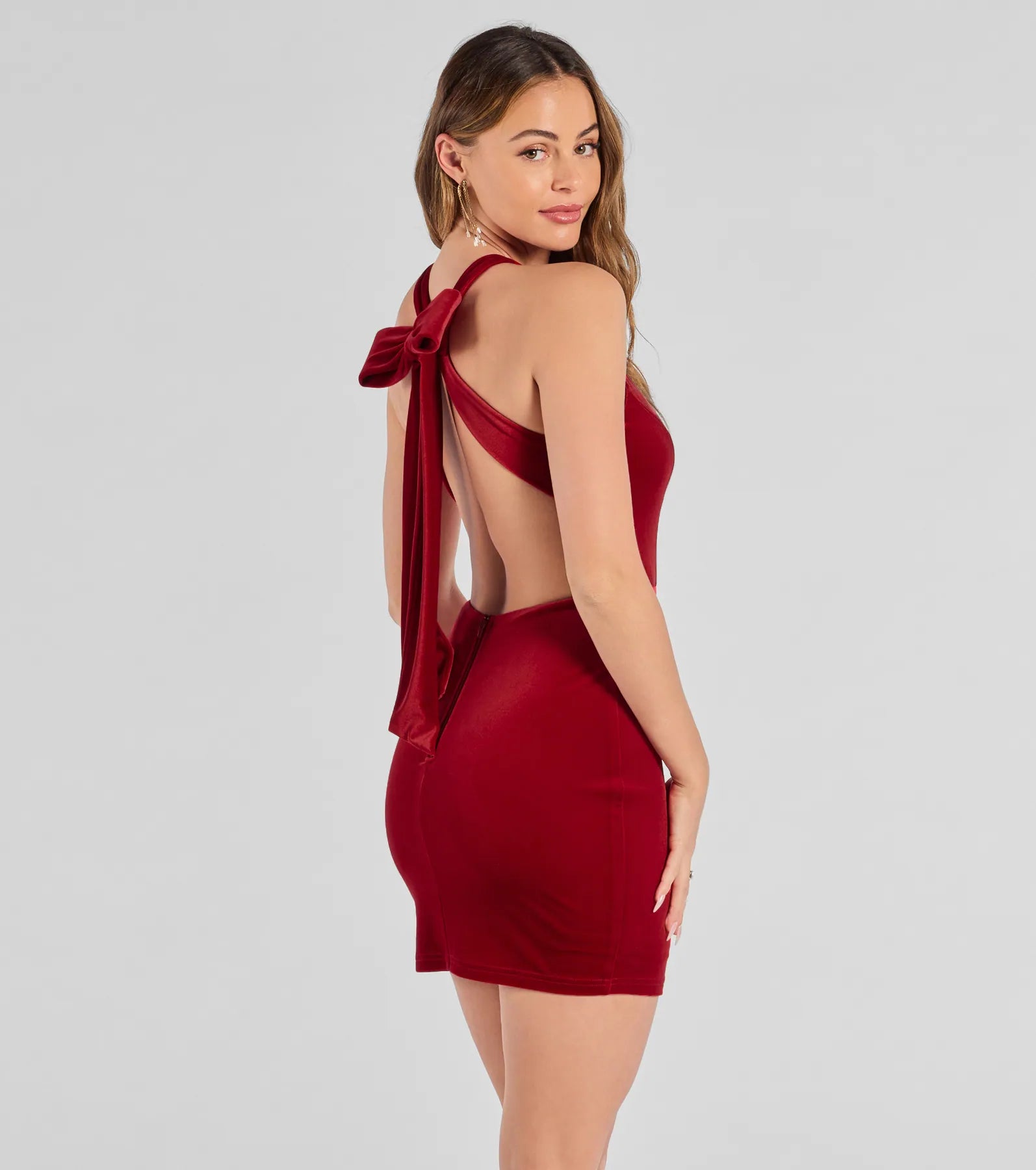 Premium Velvet Open Back Bow Mini Dress