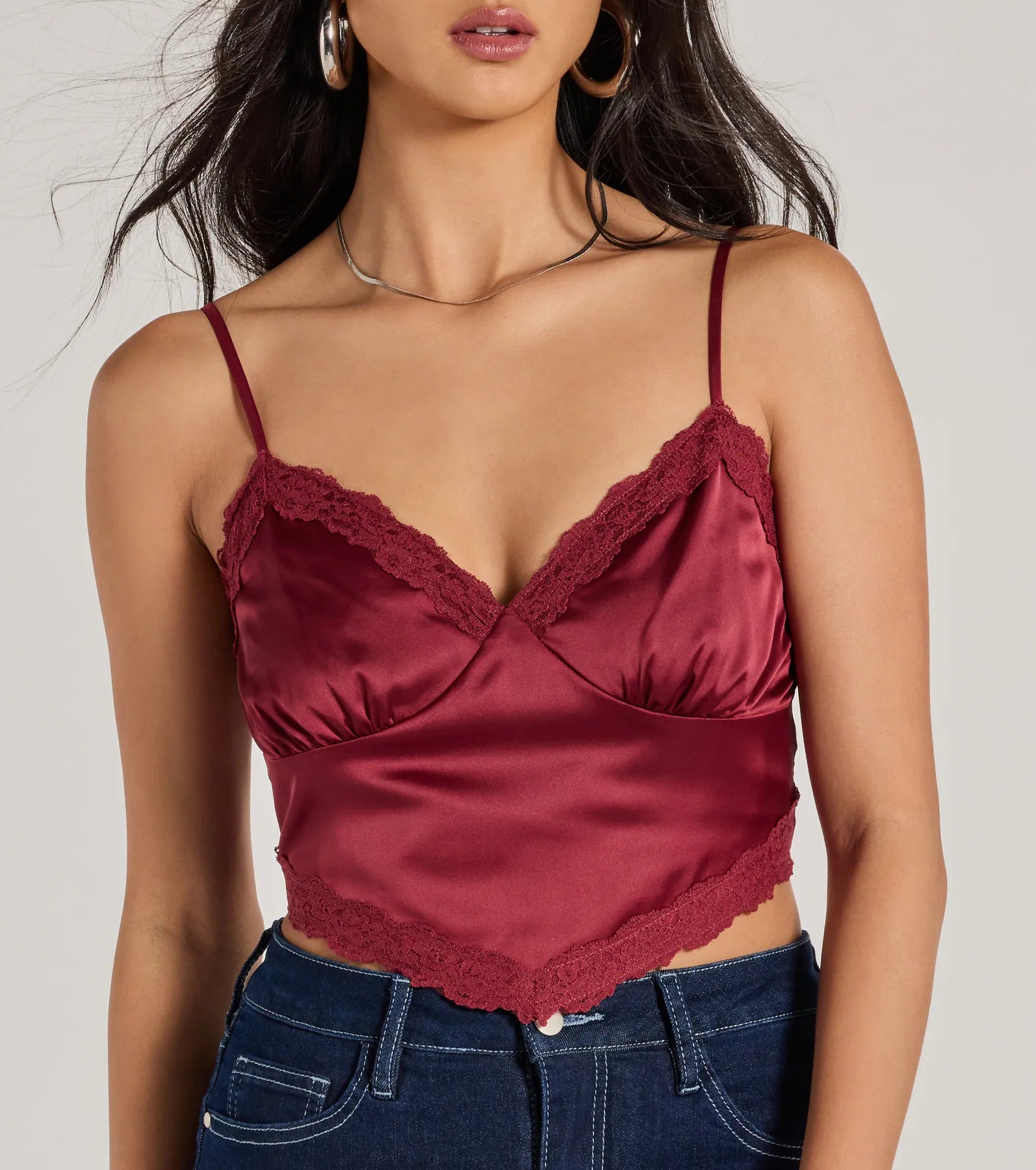 Premium Romance Lace Trim Satin Cami Crop Top