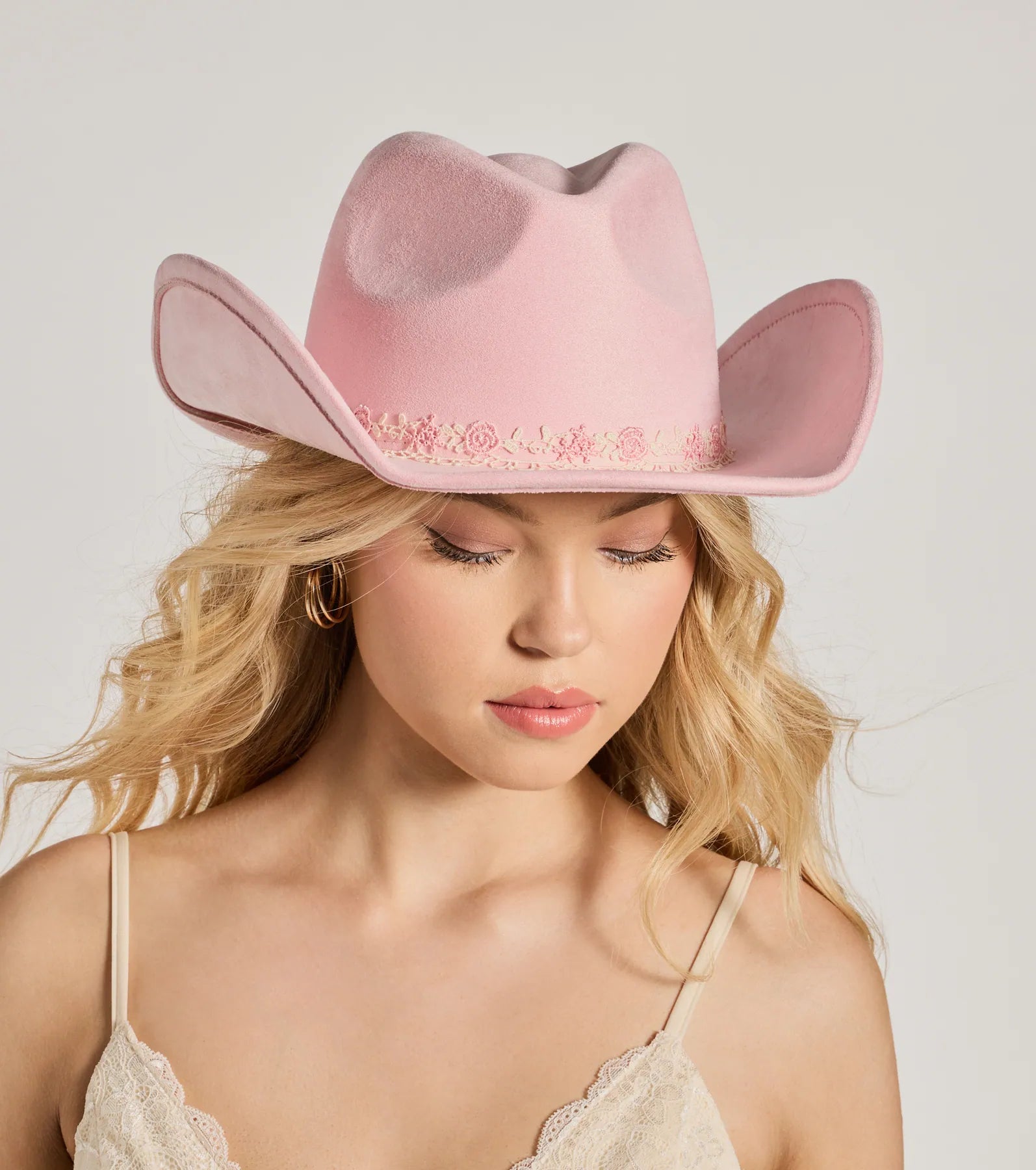 Premium Country Floral Lace Bow Faux Suede Cowboy Hat