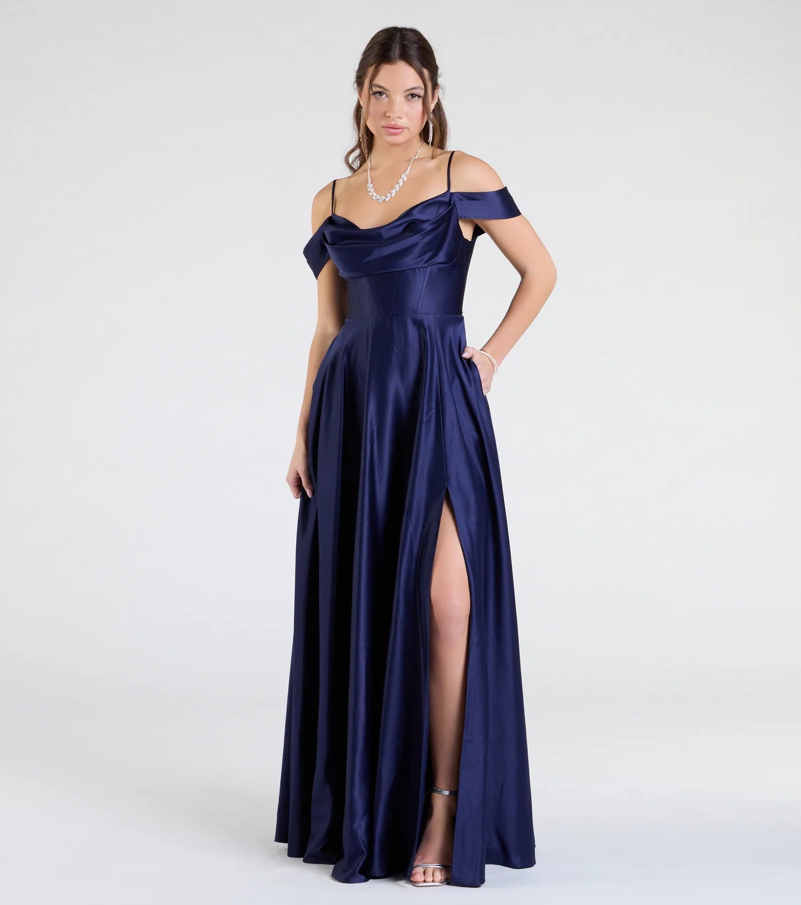 Premium Alira Satin Cold Shoulder A-Line Gown