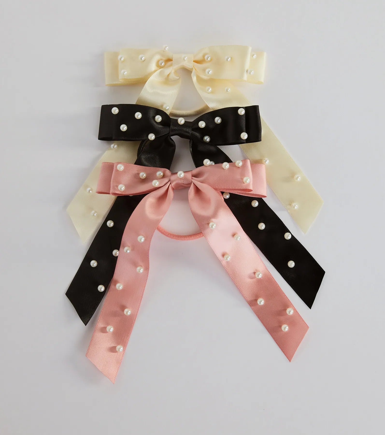 Premium Satin Bow Hair Ties with Faux Pearls - Elegant Three-Pack