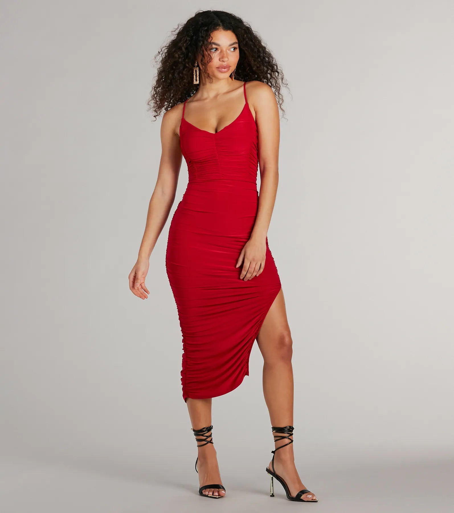 Ultimate Sultry Status Ruched Bodycon Dress with High Slit