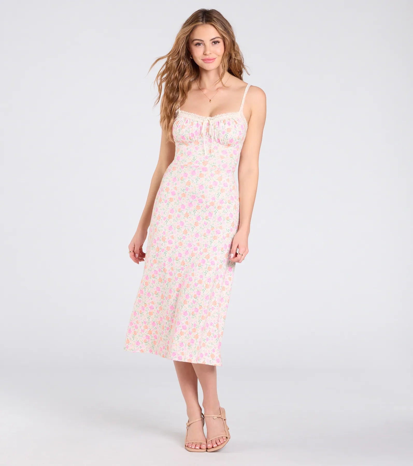Premium Darling Vibe Floral A-Line Midi Dress - Ultimate Brunch Style